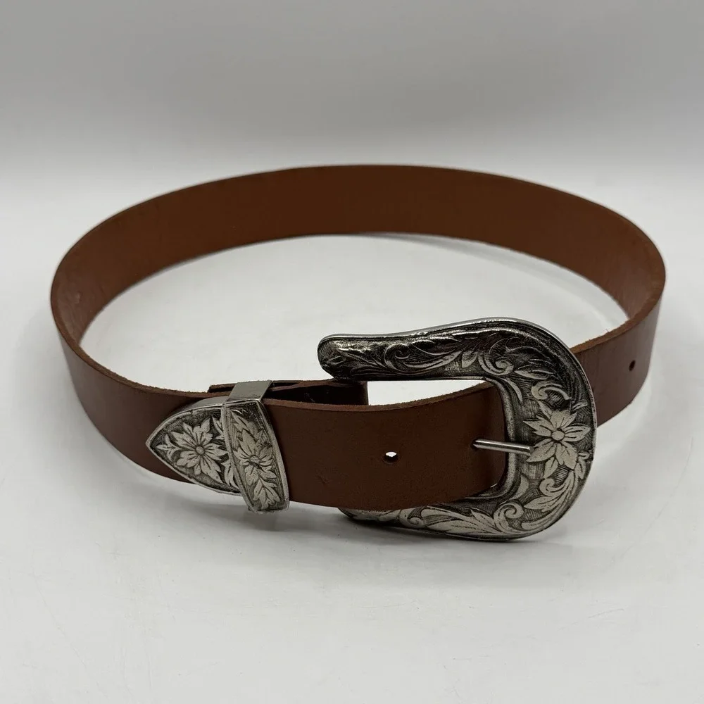 Vintage Capezio Brown Leather Belt Western Boho Floral Silver Buckle Measure 36